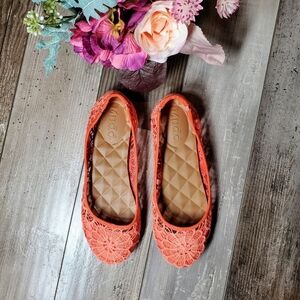 Mudd Coral Orange Boho Doilie Look Lace Flats Women's Size 7M EUC